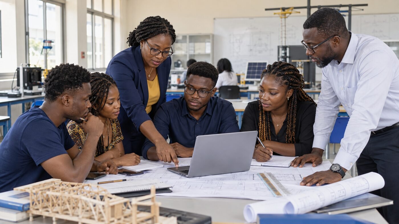 Professionals mentoring university students around project plans