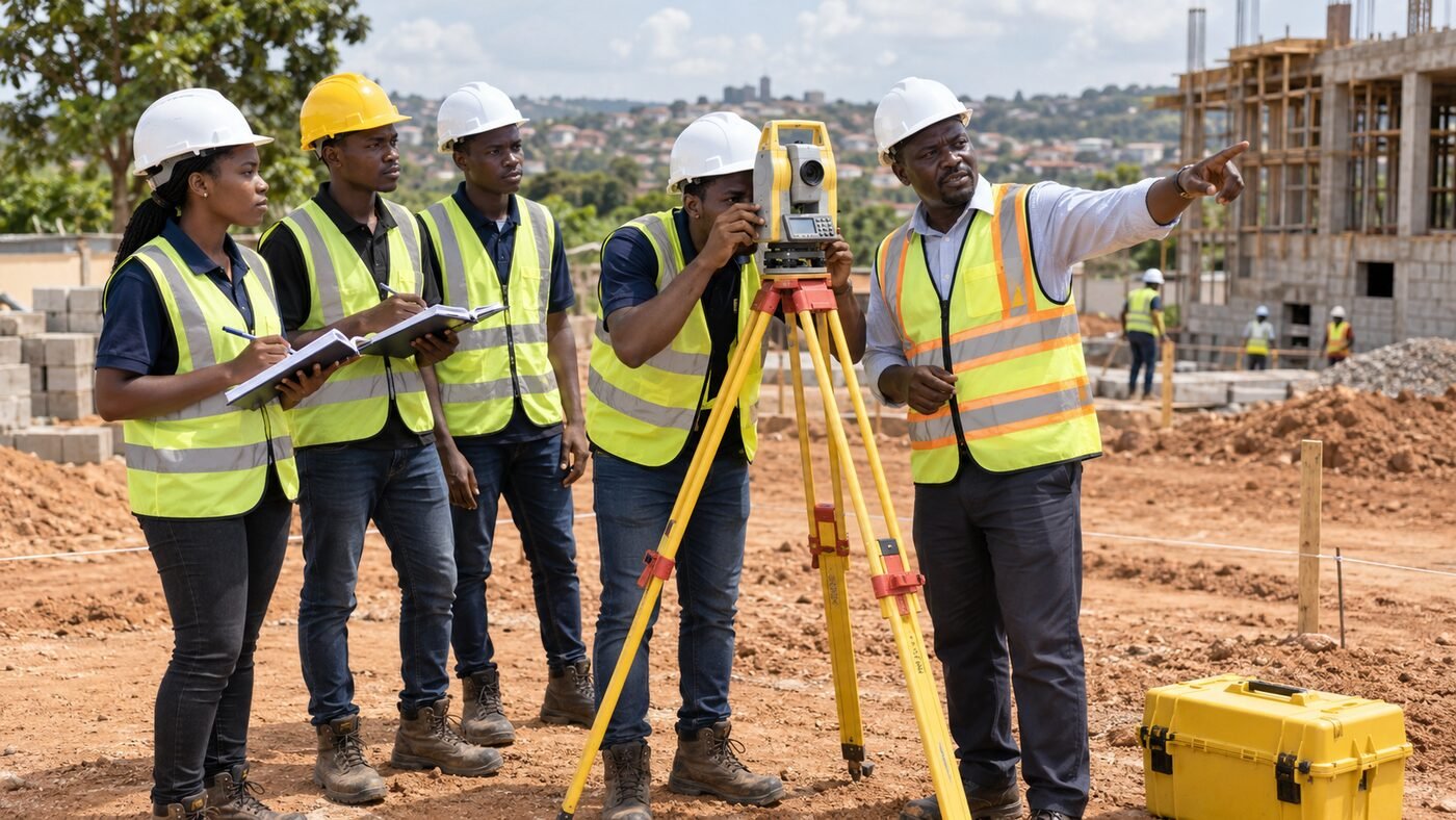 Students receiving practical land-surveying instruction