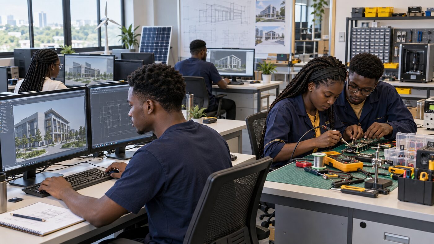 Learners working with architectural CAD and electronics in a technology laboratory
