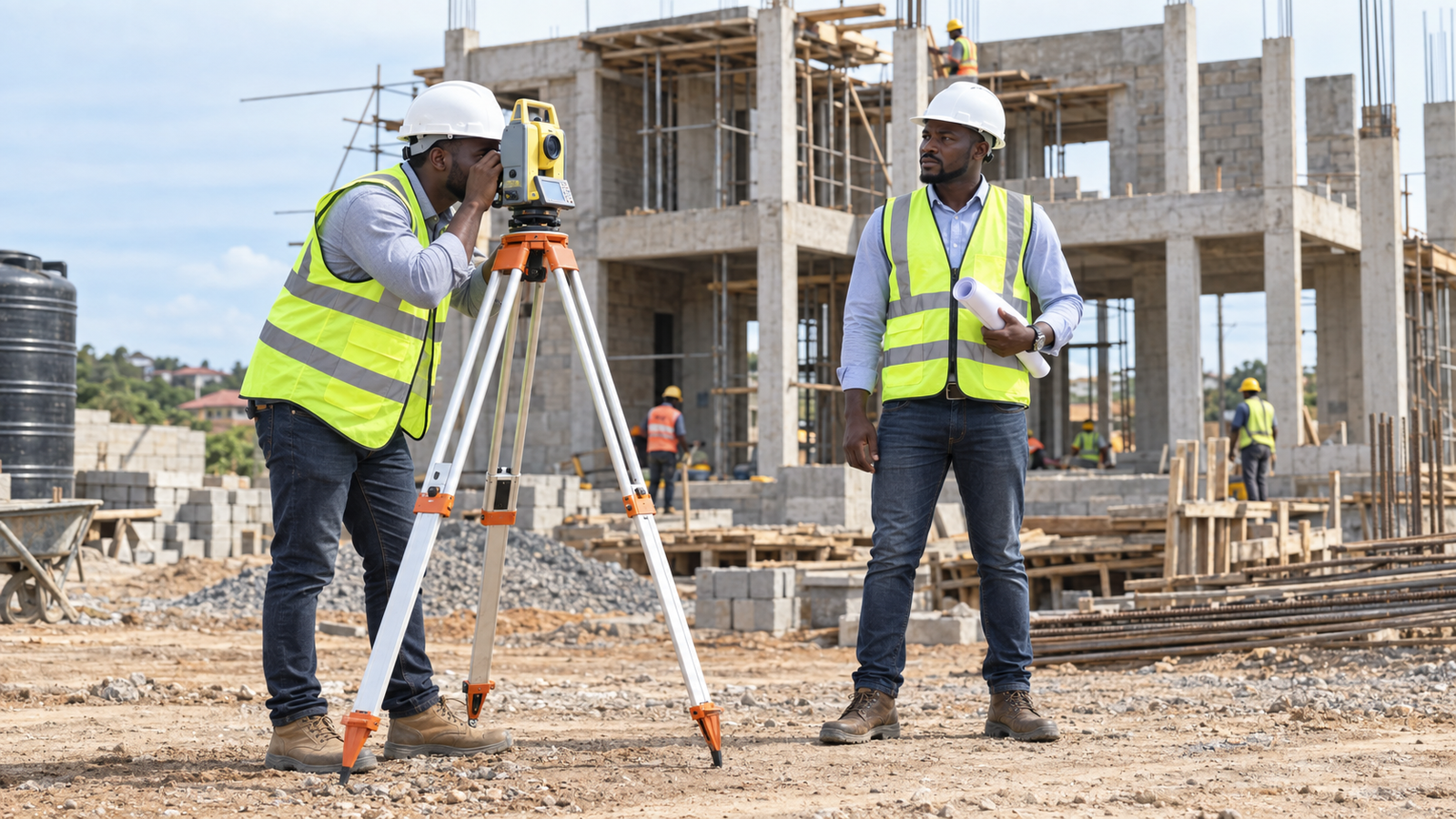 Surveyor and engineer working at a construction site in Ghana